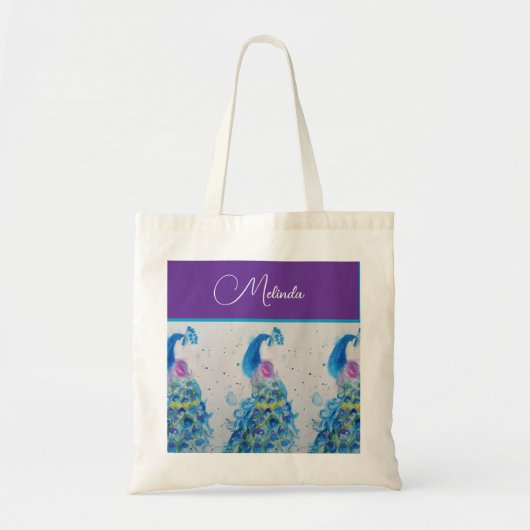 Tote Bag Elégant Peacock Aquarelle Peinture Bleue (Devant)