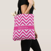 Tote Bag Élégant Pink Chevron Stripes Nom (De près)