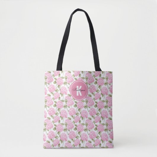 Tote Bag Elegant Pink Hydragea Flowers Pattern Monogram (Devant)