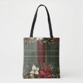 Tote Bag Élégant Plaid Vert & Poinsettia Rouge Noël (Devant)