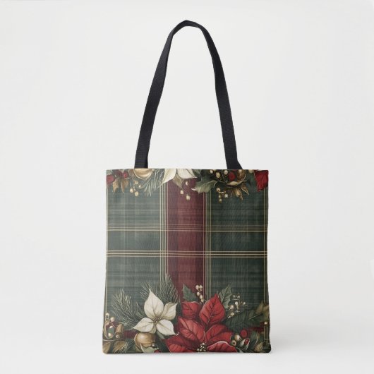 Tote Bag Élégant Plaid Vert & Poinsettia Rouge Noël (Devant)