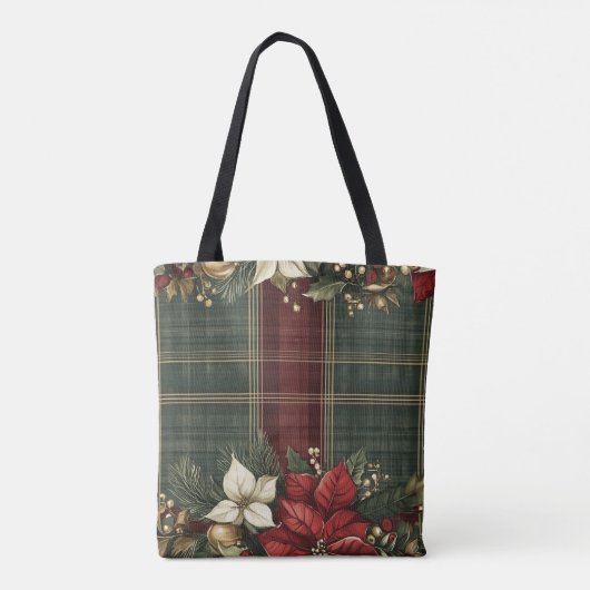 Tote Bag Élégant Plaid Vert & Poinsettia Rouge Noël (Dos)