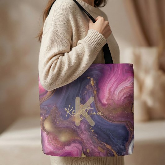 Tote Bag Elegant Purple Pink Gold Liquid Marble Agate 