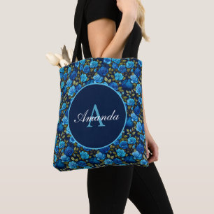 Tote Bag Élégant Rose bleu motif floral Monogramme photo