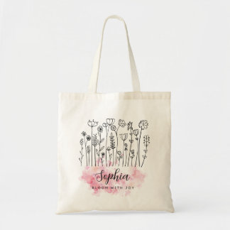 Tote Bag Elégant rose floral "Fleur avec joie" aquarelle