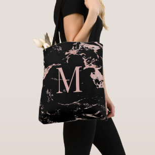 Tote Bag Élégant Rose Gold Foil Marbre noir Monogramme