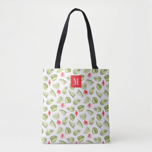 Tote Bag Élégant rose Monogramme vert Feuille de palme (Devant)