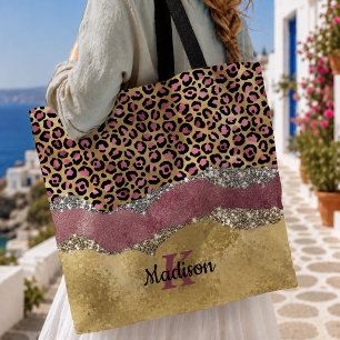 Tote Bag Élégant rose poudré imprimé animal pailleté monogr