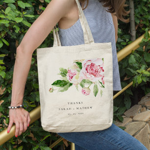 Tote Bag Elégant rose vert pivoine Floral Merci Mariage