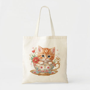 Tote Bag Elégant rouge Kitten en Teacup - Design floral -