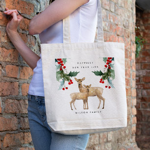 TOTE BAG ÉLÉGANT ROUGE VERT HOLLY BERRY DEER DUO NOUVEL AN