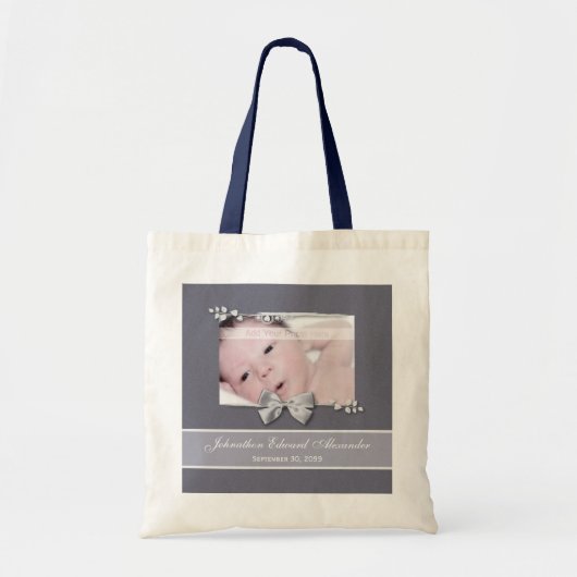 Tote Bag Élégant ruban Faire-part de naissance photo argent (Devant)
