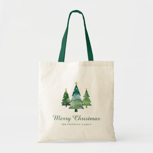 Tote Bag Élégant Script Aquarelle Arbres de Noël (Devant)