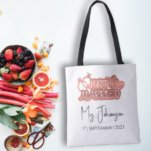 Tote Bag Élégant Script Juste Marié Rose Gold Lune de miel