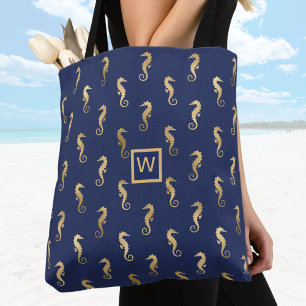 Tote Bag Elégant Seahors Marine et Or avec initial