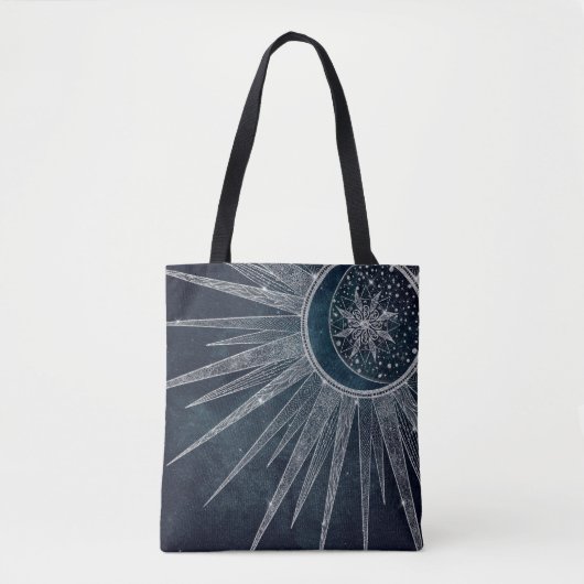 Tote Bag Elégant Silver Sun Moon Doodle Mandala Blue Design (Devant)