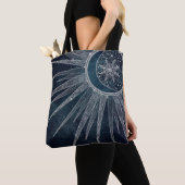 Tote Bag Elégant Silver Sun Moon Doodle Mandala Blue Design (De près)