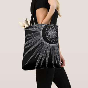 Tote Bag Elégant Silver Sun Moon Mandala Black Design