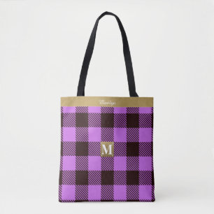 Tote Bag Élégant Tartan Tartan Nom du monogramme de cuir d'