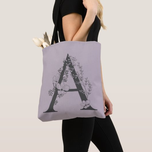 Tote Bag Élégant Un Boho Floral Monogramme initial Lilac Gr (De près)