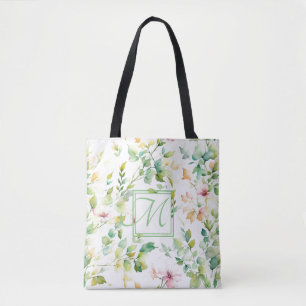 Tote Bag Elégant vert fleurs sauvages d'aquarelle