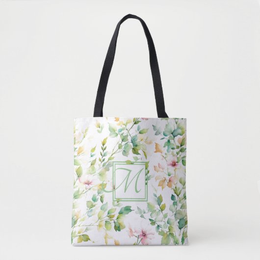 Tote Bag Elégant vert fleurs sauvages d'aquarelle (Devant)