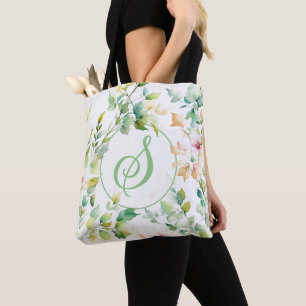Tote Bag Elégant vert fleurs sauvages d'aquarelle