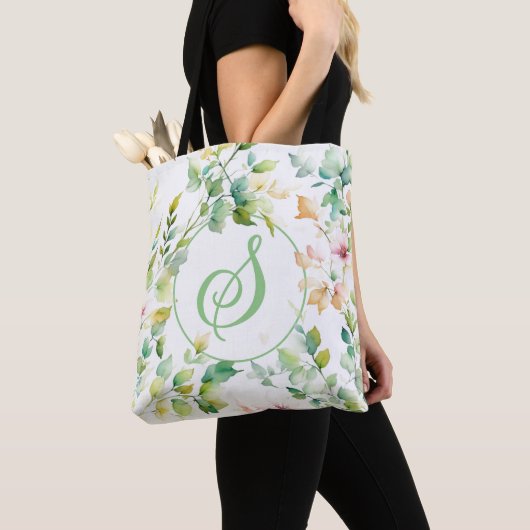 Tote Bag Elégant vert fleurs sauvages d'aquarelle (De près)