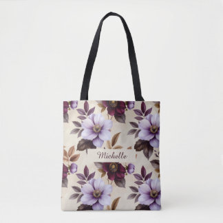 Tote Bag Elegant Vintage Floral Pattern in Purple Burgundy