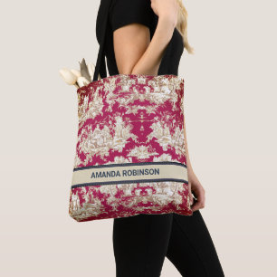 Tote Bag Élégant vintage lac rouge toile de jouy monogramme
