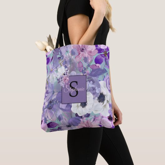 Tote Bag Élégant Violet Et Violet Fleurs sauvages Et Monogr (De près)