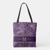Tote Bag Élégant violet or Feuilles Monogramme Nom (Dos)