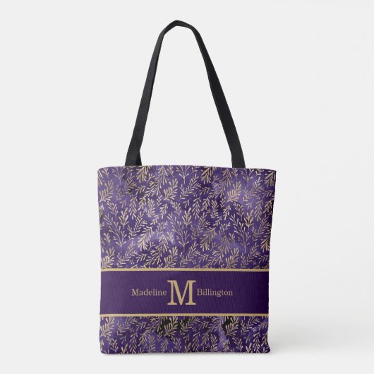 Tote Bag Élégant violet or Feuilles Monogramme Nom (Dos)