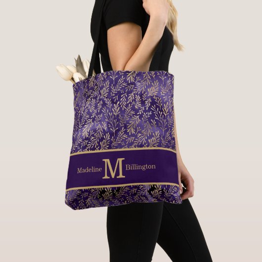 Tote Bag Élégant violet or Feuilles Monogramme Nom (De près)
