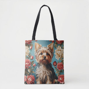 Tote Bag Elégant Yorkshire Terrier Portrait Rose Garden