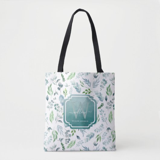 Tote Bag Elégante aquarelle Botanique Verdure Monogramme (Devant)