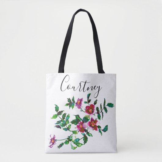 Tote Bag Elégante aquarelle moderne fleur sauvage rose fonc (Devant)