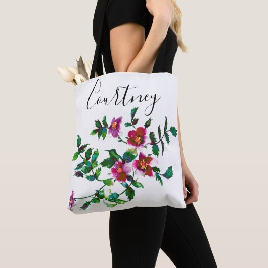 Tote Bag Elégante aquarelle moderne fleur sauvage rose fonc (De près)