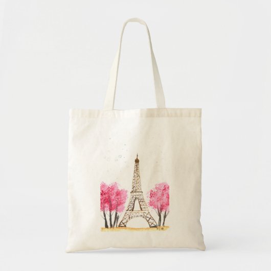 Tote Bag Elégante aquarelle rose fleurs Eiffel tour Paris (Devant)