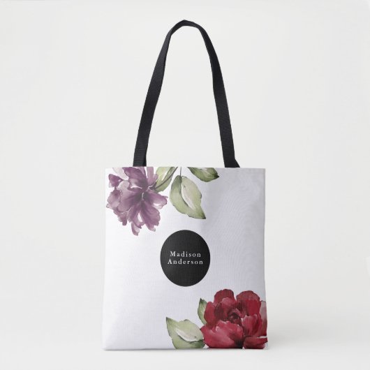 Tote Bag Elégante aquarelle rouge et violet Floral avec nom (Devant)