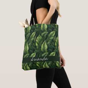 Tote Bag Elégante aquarelle verte Banane feuille avec nom