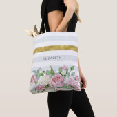 Tote Bag Élégante bande d'or FAUX avec roses roses et nom r (De près)