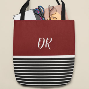 Tote Bag élégante bande horizontale rouge foncé avec nom