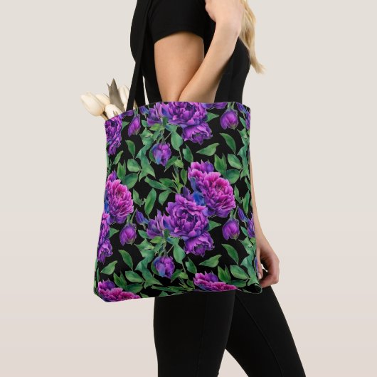 Tote Bag Élégante couleur magenta violet fleurs (De près)