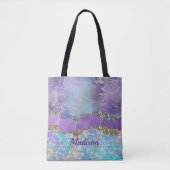 Tote Bag Élégante crème de sirène violet turquoise monogram (Devant)