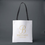 Tote Bag Élégante demoiselle d'honneur personnalisée blanch<br><div class="desc">Elégant cadeau de demoiselle d'honneur personnalisé avec monogramme personnalisé en or élégant style de police script avec nom et titre de demoiselle d'honneur en or classique style de police serif. Aussi parfait pour Maid of Honor, Flower Girl, Mother of the Bride et plus. Remarque : Les détails du papier sont...</div>