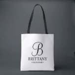 Tote Bag Élégante demoiselle d'honneur personnalisée en noi<br><div class="desc">Elegant Black and White Personnalisé Bridesmaid Cadeaux avec monogramme personnalisé dans style de police calligraphie élégant avec nom et titre de bridesmaid dans le style de police serif classique. Aussi parfait pour Maid of Honor,  Flower Girl,  Mother of the Bride et plus.</div>