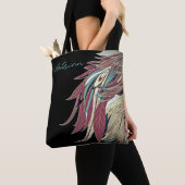 Tote Bag Elégante feuille de plume abstrait noir turquoise  (De près)