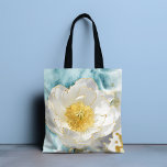 Tote Bag Elégante Fleur Blanche Simple Luxe Aquarelle Or<br><div class="desc">Le Sac fourre-tout Elégant Simple Fleur Blanche Luxury Gold Watercolor présente une fleur blanche simple aux accents de papier doré stylisés sur un arrière - plan d'aquarelle bleu doux. Un cadeau parfait pour la fête des mères, l'anniversaire, Noël, l'appréciation de l'enseignant et les meilleurs amis. Conçu par ©Evco Studio www.zazzle.com/store/evcostudio...</div>