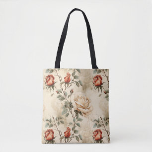 Tote Bag Elégante Fleur Rose Vintage Fleur Beige Floral Des